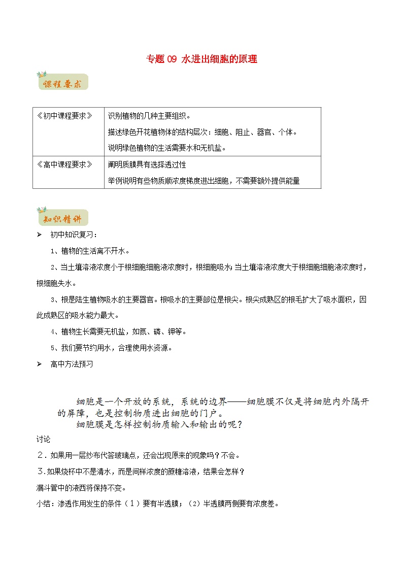 初升高暑期衔接2023高一生物精讲精练专题09水进出细胞的原理