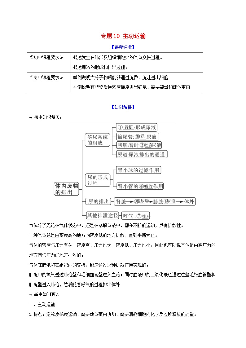 初升高暑期衔接2023高一生物精讲精练专题10主动运输