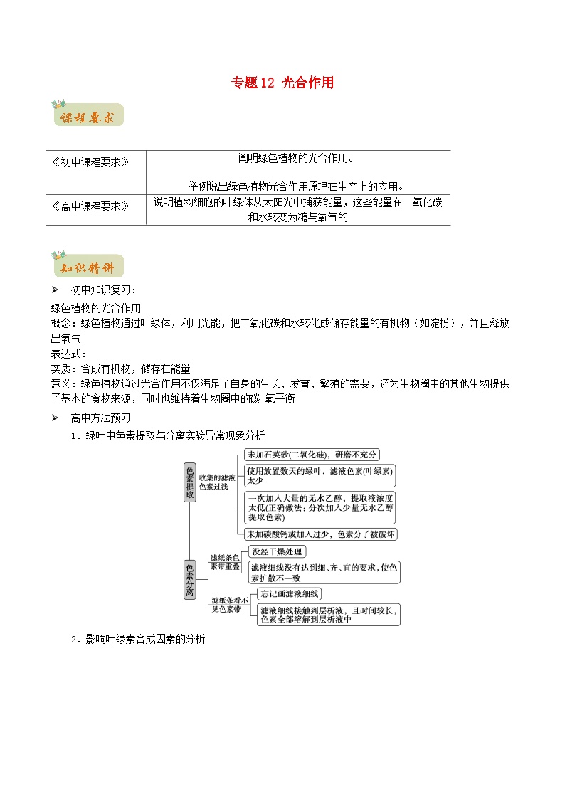 初升高暑期衔接2023高一生物精讲精练专题12光合作用