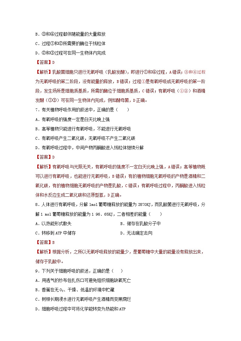 暑期预习2023高中生物专题08细胞呼吸的原理及其应用核心素养练习新人教版必修1第3页