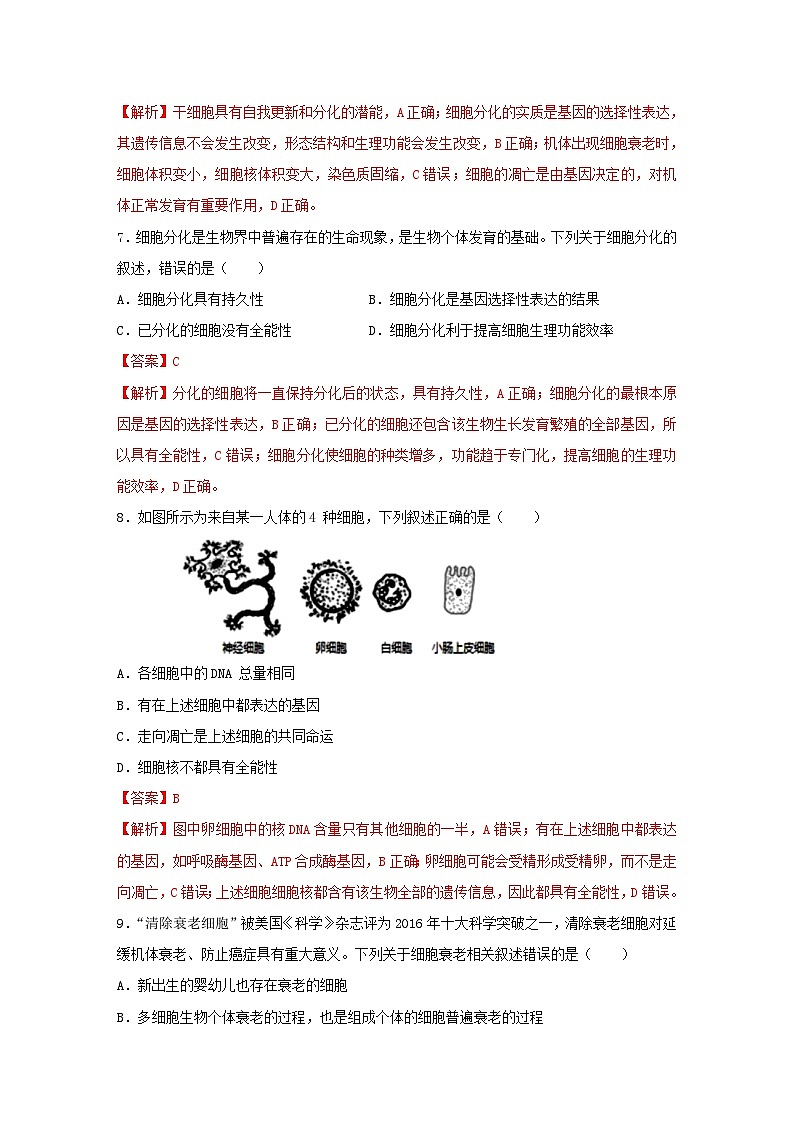 暑期预习2023高中生物专题11细胞的分化衰老与死亡核心素养练习新人教版必修1第3页