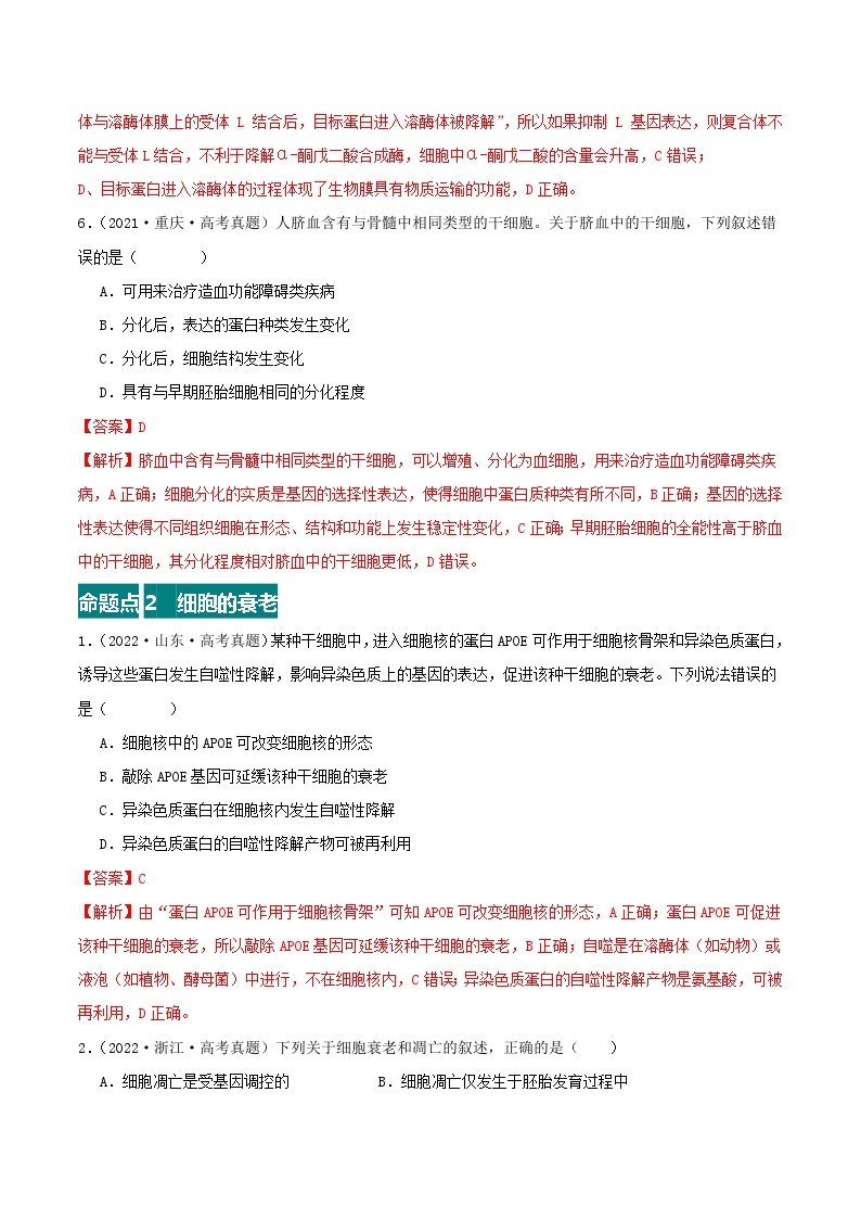 高考生物真题分项汇编 三年（2021-2023）（全国通用）专题05+细胞的分化、衰老、凋亡和癌变03