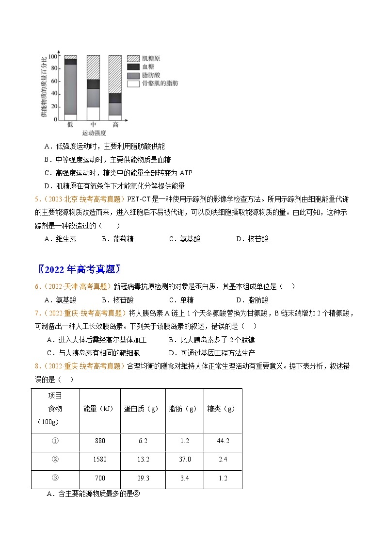 高考生物真题分项汇编（全国通用）五年（2019-2023）专题01 组成细胞的分子02