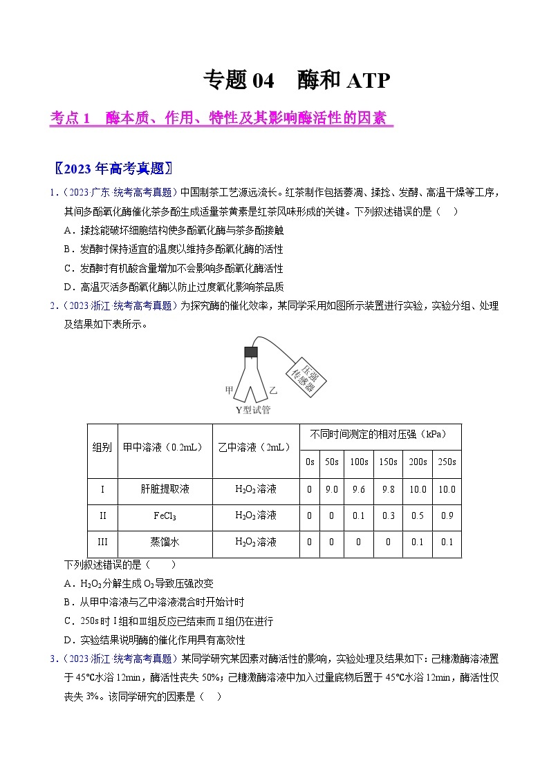 高考生物真题分项汇编（全国通用）五年（2019-2023）专题04 酶和ATP01