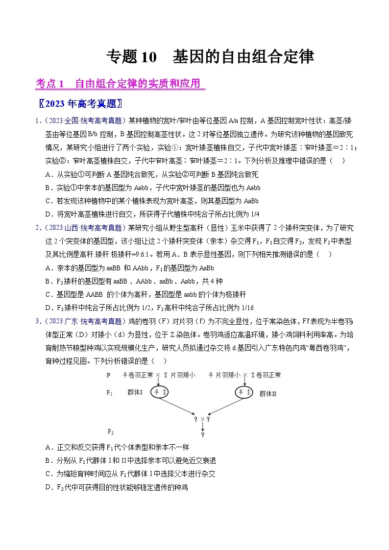 高考生物真题分项汇编（全国通用）五年（2019-2023）专题10 基因的自由组合定律01