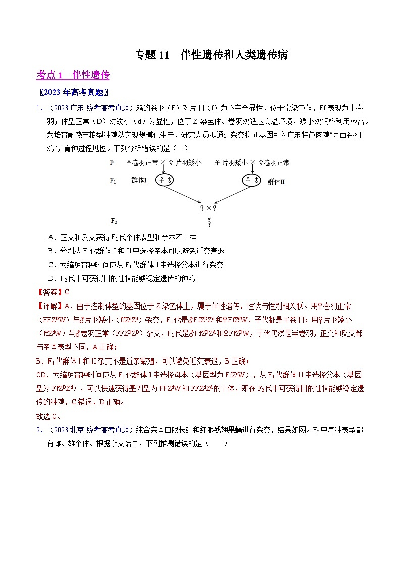 高考生物真题分项汇编(全国通用)五年(2019-2023)专题11 伴性遗传和人类遗传病- 学易金卷:五年(2019-2023)高考生物真题分项汇编(全国通用)(解析版)第1页