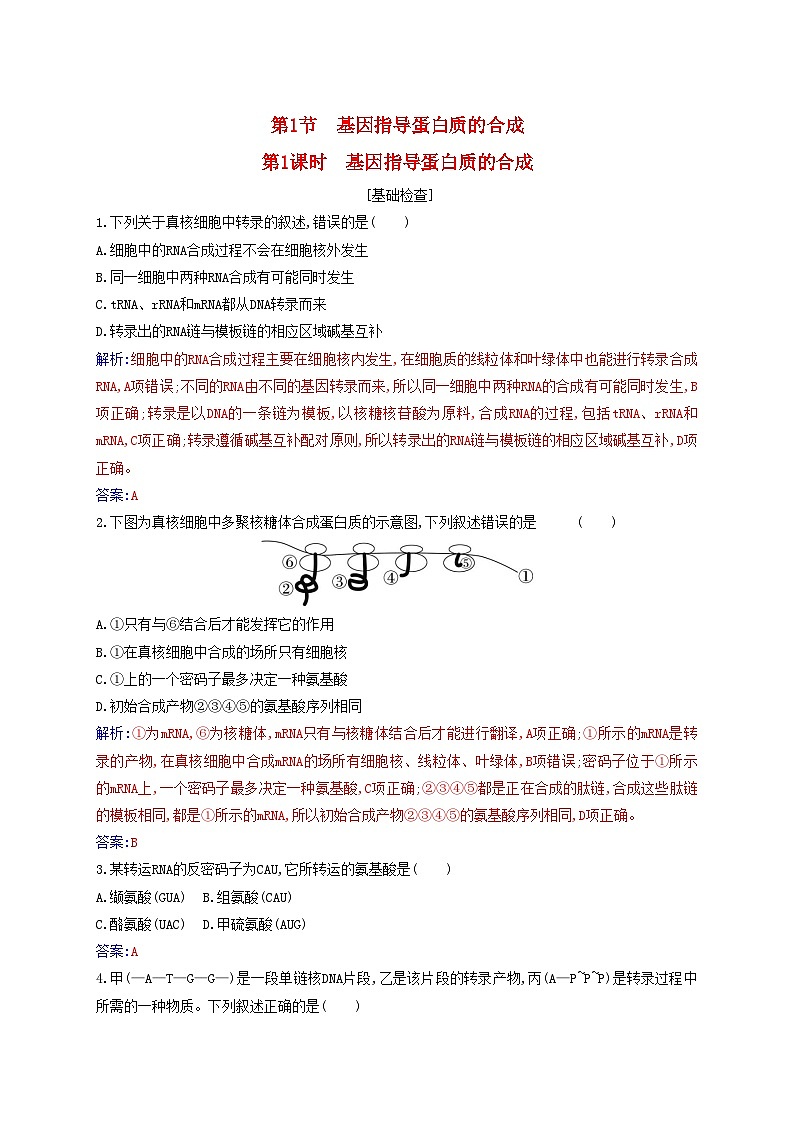 新教材2023高中生物第4章基因的表達(dá)第1節(jié)基因指導(dǎo)蛋白質(zhì)的合成同步測試新人教版必修2第1頁
