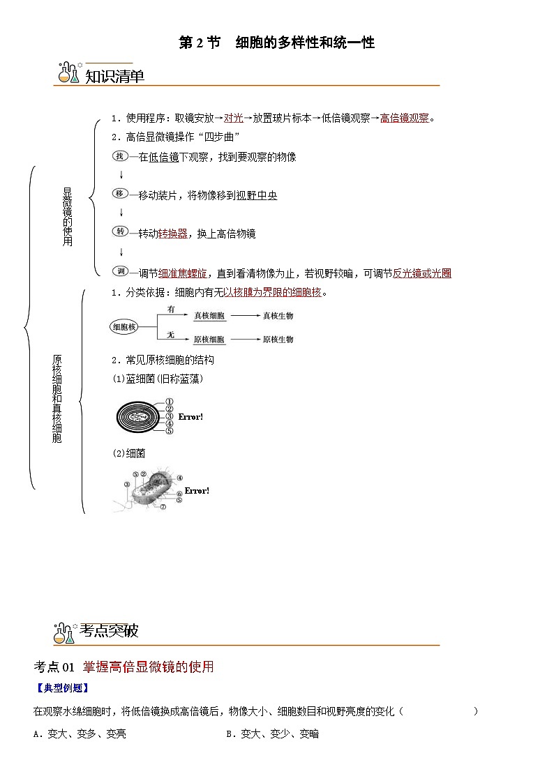 人教版高中 生物(必修一) 同步精品講義1.2 細胞的多樣性和統(tǒng)一性（教師版） 第1頁