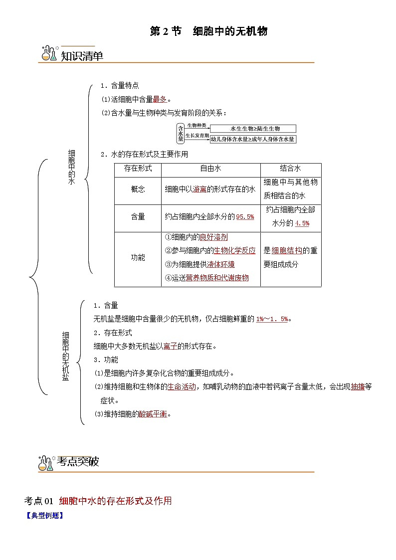 人教版高中 生物(必修一) 同步精品講義2.2 細(xì)胞中的無機(jī)物（原卷版） 第1頁