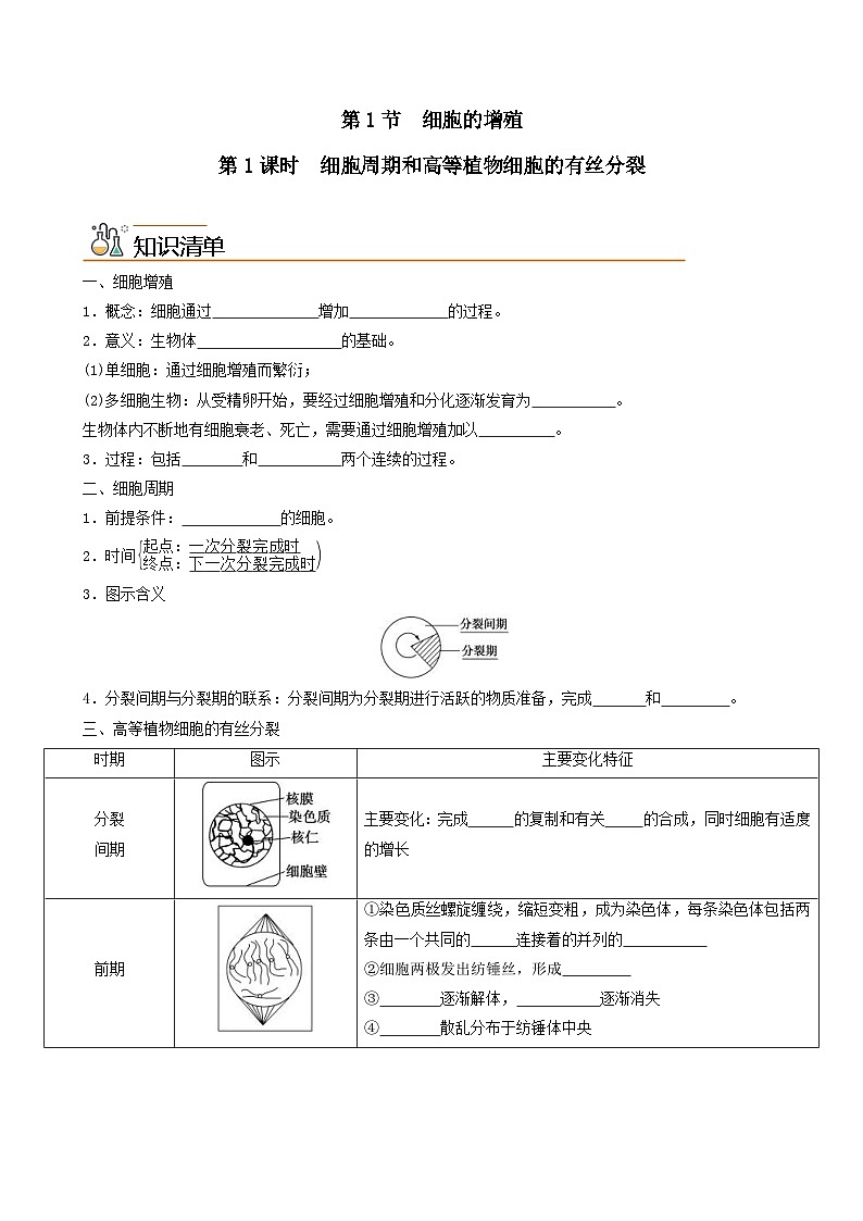人教版高中 生物(必修一) 同步精品講義6.1.1 細胞周期和高等植物細胞的有絲分裂（原卷版） 第1頁