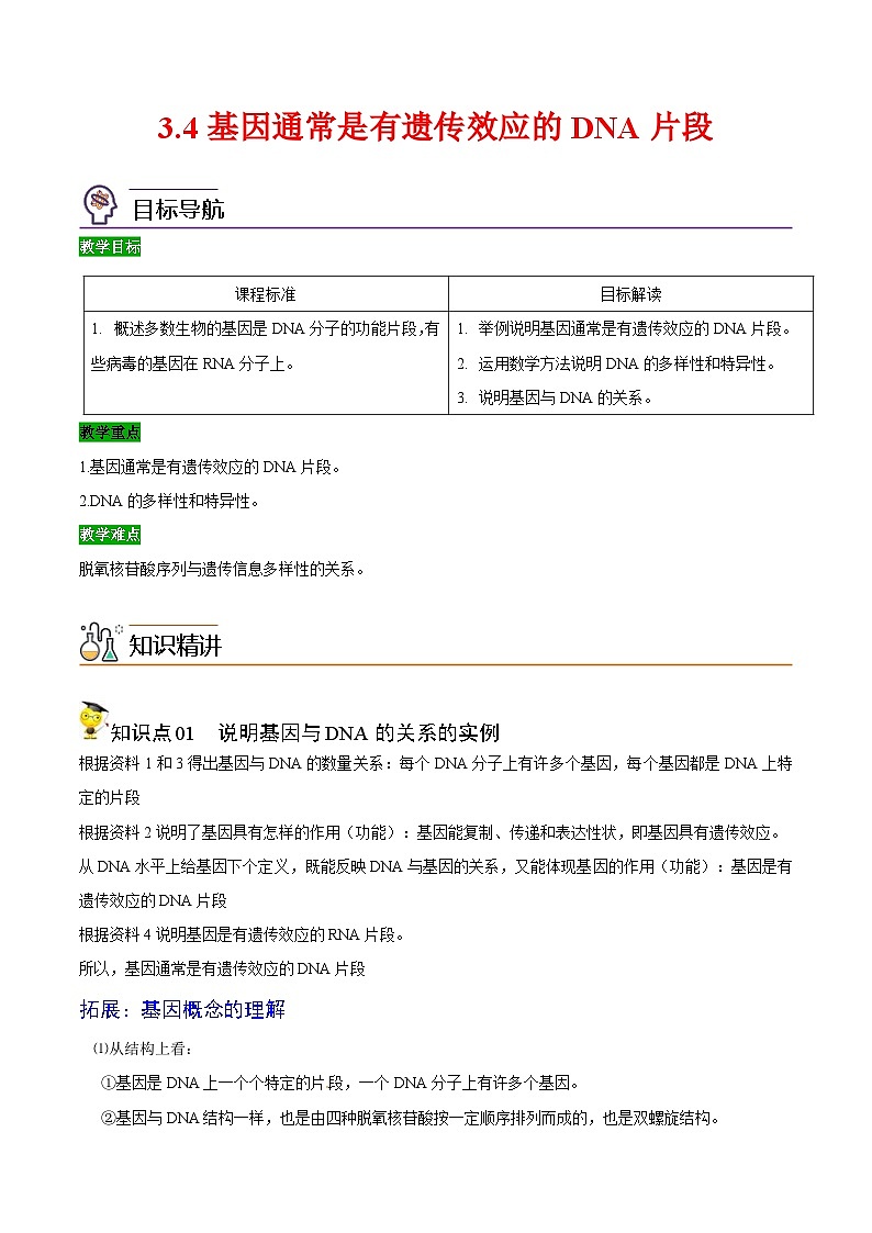 人教版(必修二)高中生物同步精品講義3.4 基因通常是有遺傳效應的DNA片段(教師版)第1頁