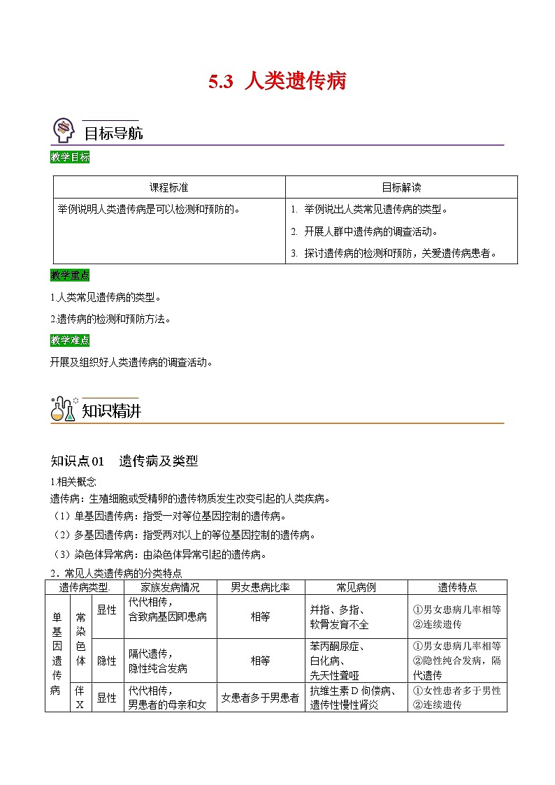 人教版(必修二)高中生物同步精品講義5.3 人類遺傳病（教師版）第1頁
