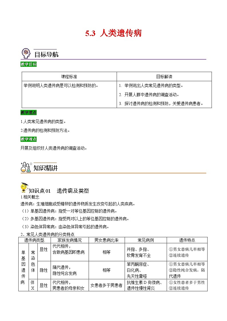 人教版(必修二)高中生物同步精品講義5.3 人類遺傳?。ㄔ戆妫┑?頁