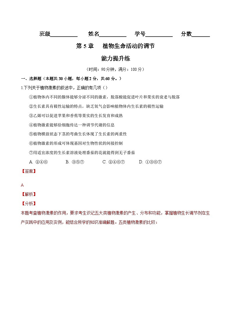 人教版(选择性必修一)高中生物分层训练AB卷第5章  植物生命活动的调节(能力提升练)(2份打包,原卷版+教师版)01