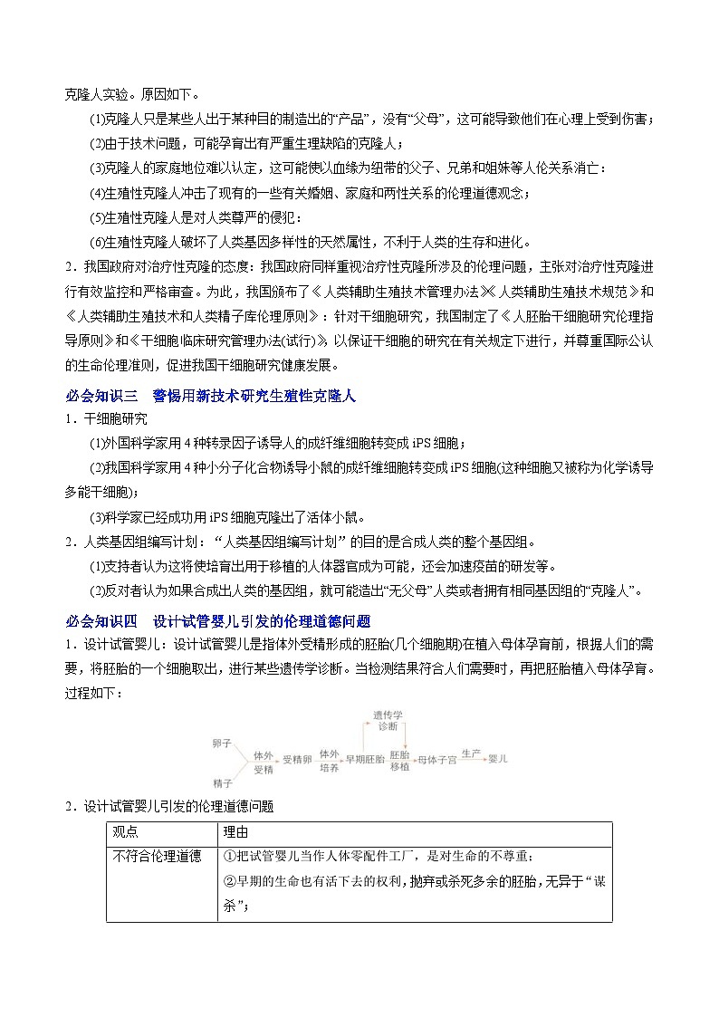 人教版(选择性必修三)高中生物同步精品讲义4.2 关注生殖性克隆人(2份打包,原卷版+教师版)02