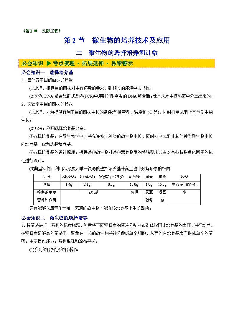 人教版(选择性必修三)高中生物同步精品讲义1.2 微生物的培养技术及应用(二)(2份打包,原卷版+教师版)01