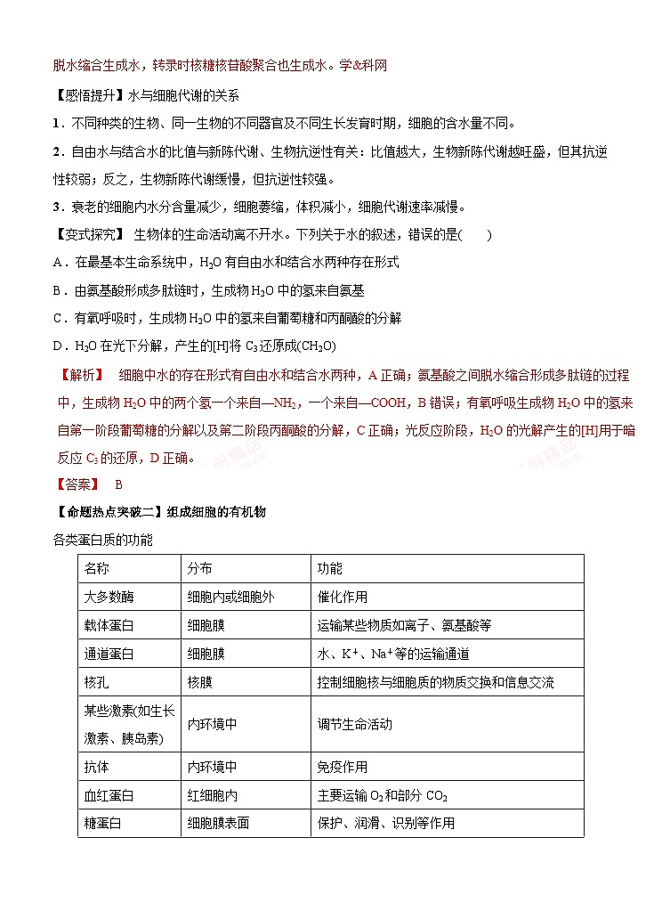 高考生物二轮复习命题猜想:专题01 细胞的分子组成(解析版)第2页