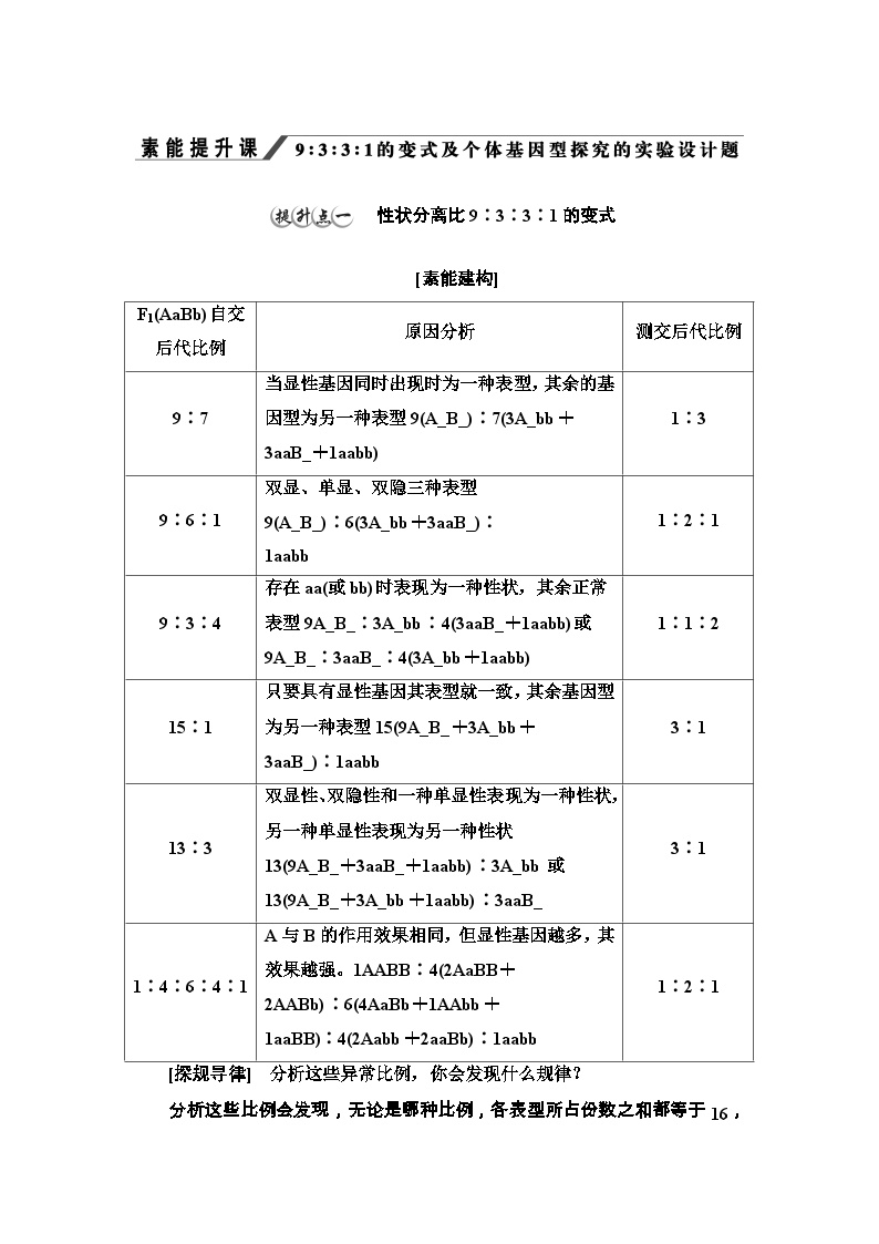 苏教版（2019）高中生物： 必修2 第1章 第3节 素能提升课 9331的变式及个体基因型探究的实验设计题 学案 Word版含答案