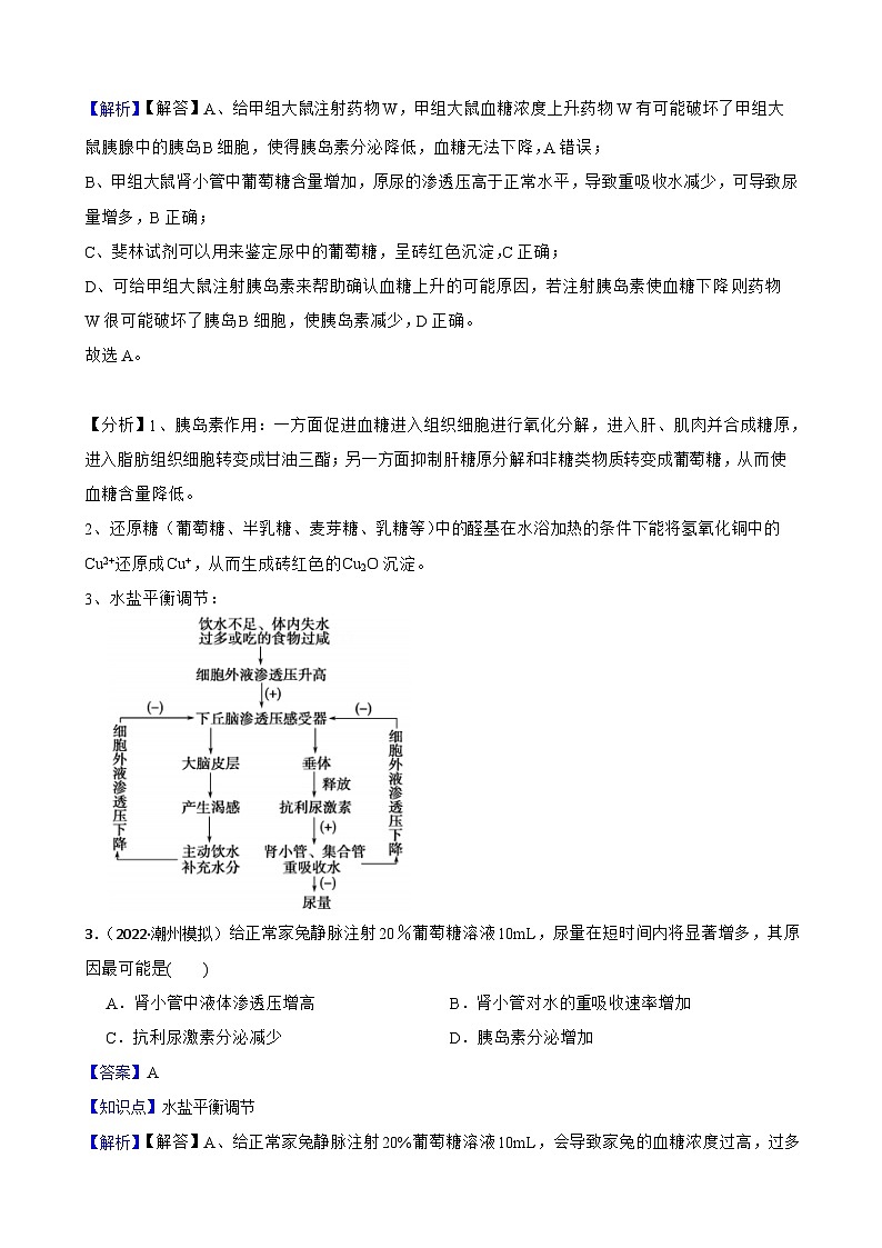 苏教版2019 高中生物 选择性必修一 2.3 水盐平衡的调节(同步练习) (教师版)第2页