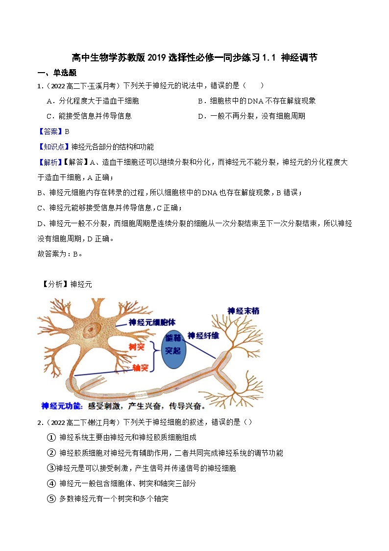 苏教版2019 高中生物 选择性必修一1.1 神经调节（同步练习）01