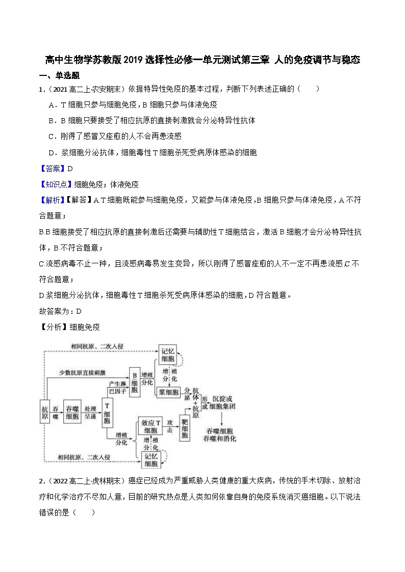 苏教版2019 高中生物  选择性必修一 第三章 人的免疫调节与稳态  单元测试01