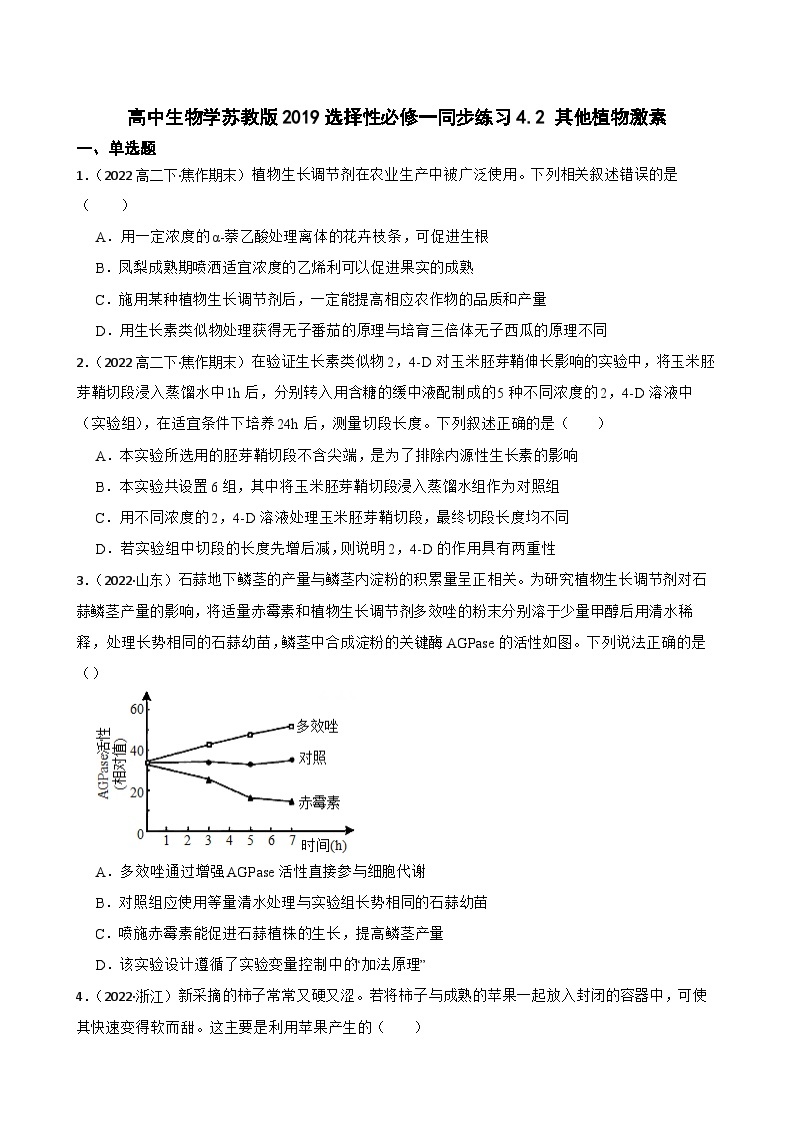 苏教版2019 高中生物 选择性必修一 4.2 其他植物激素（同步练习）01