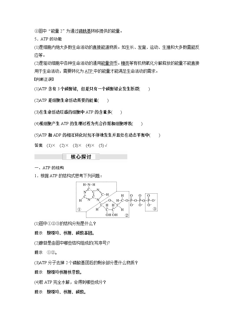 苏教版(2019）高中生物 必修1   第三章 第一节 第3课时　ATP是驱动细胞生命活动的直接能源物质（学案+课时对点练 word版含解析）02