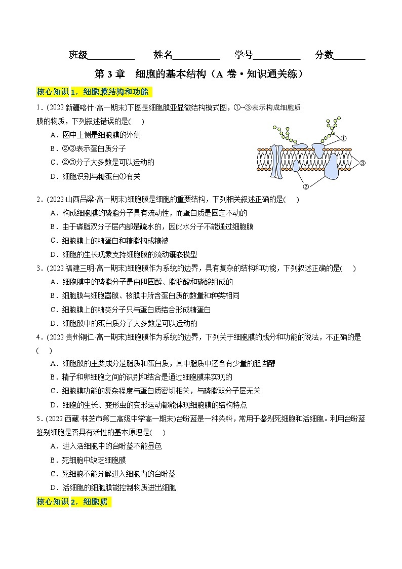 高一生物分层训练AB卷(人教版2019必修1)第3章 细胞的基本结构(A卷·知识通关练)01