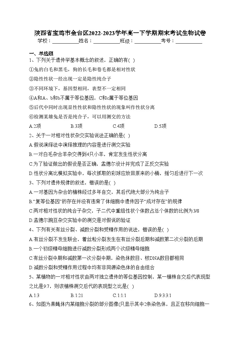 陕西省宝鸡市金台区2022-2023学年高一下学期期末考试生物试卷(含答案)01