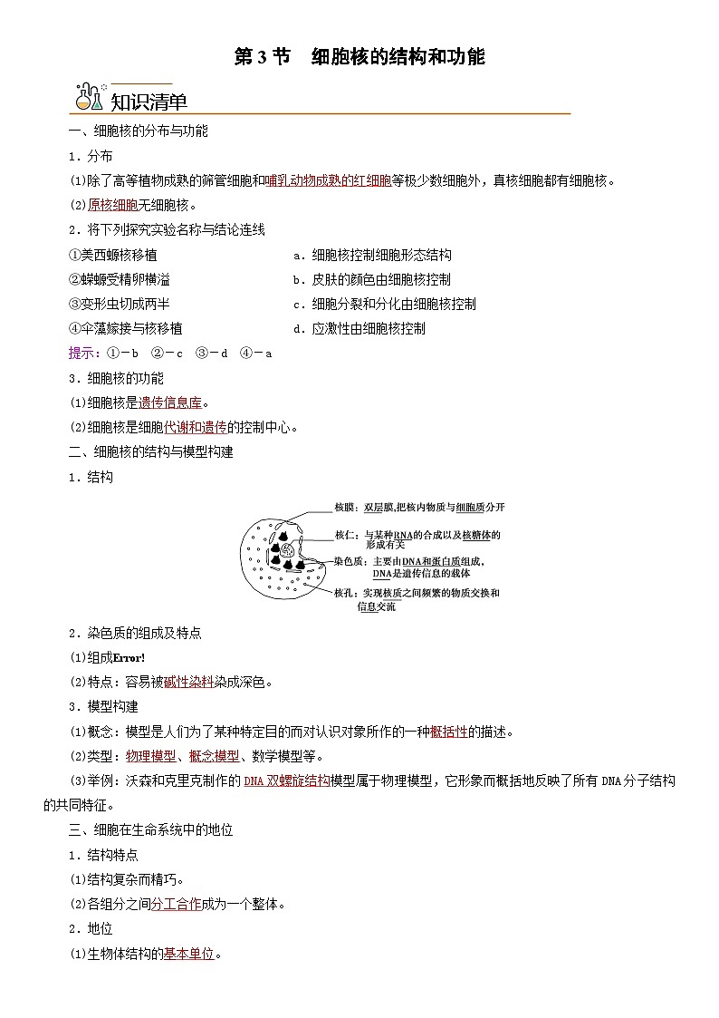 【同步讲义】高中生物(人教版2019)必修第一册--3.3《细胞核的结构和功能》讲义(学生版)第1页