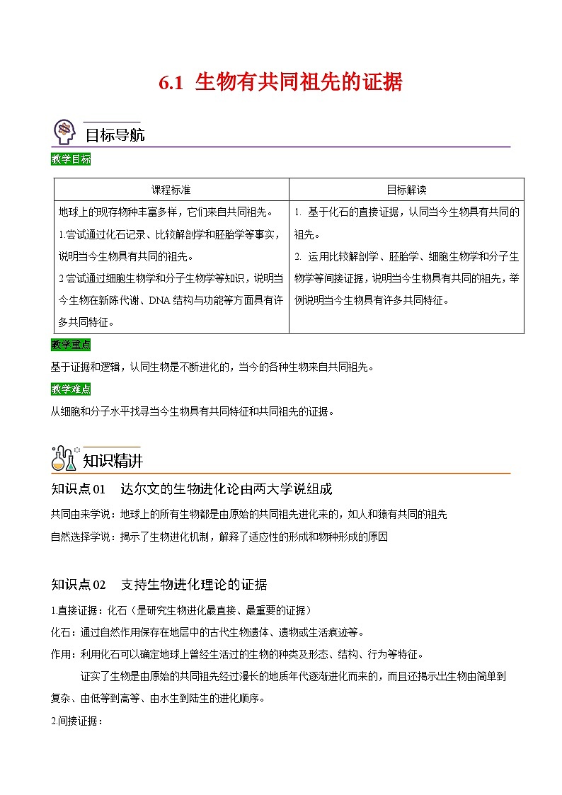 【同步讲义】高中生物(人教版2019)必修第二册--6.1《生物有共同祖先的证据》讲义01