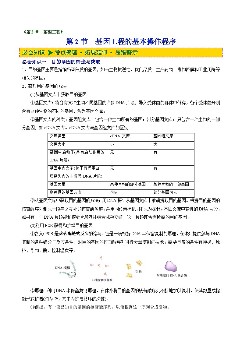 【同步讲义】高中生物(人教版2019)选修第三册--3.2《基因工程的基本操作程序》讲义01