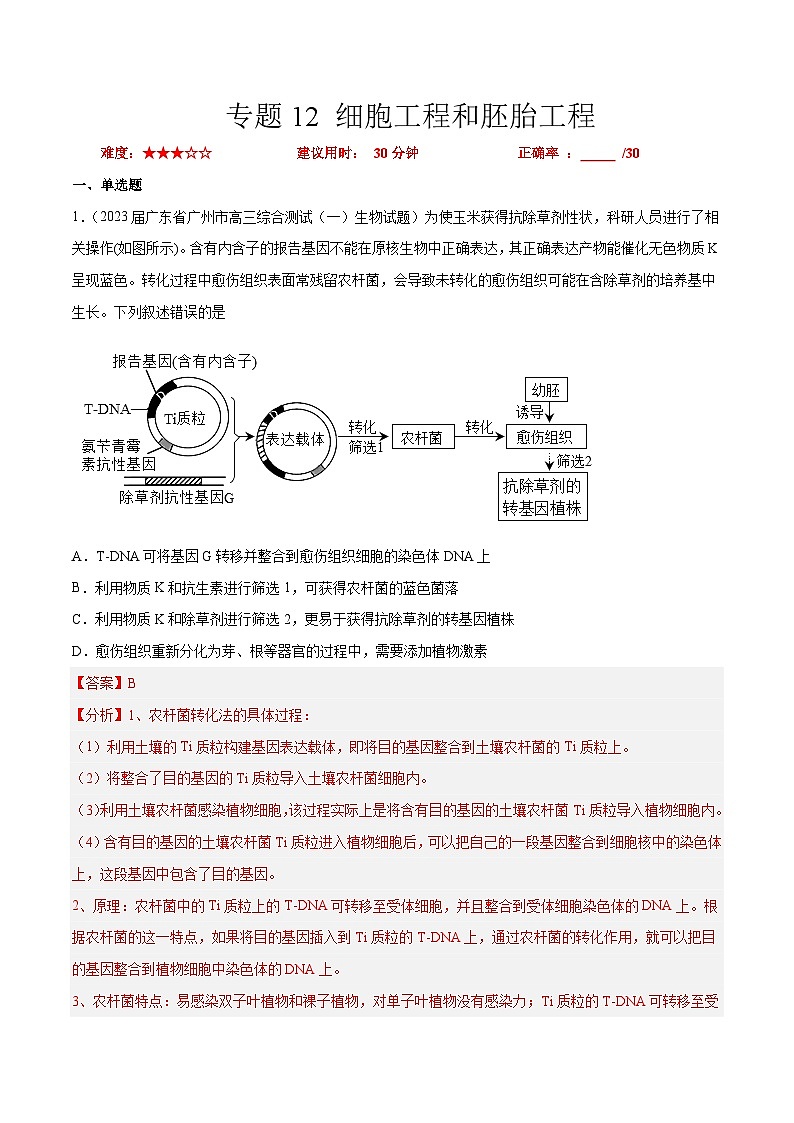 专题卷12 细胞工程和胚胎工程-【小题小卷】冲刺2023年高考生物小题限时集训(新高考专用)(解析版)01