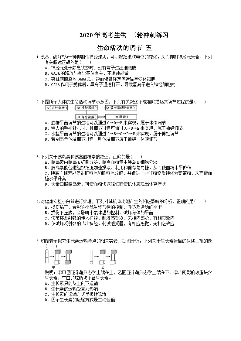 高考生物 三轮冲刺练习 生命活动的调节 五(20题含答案解析)第1页