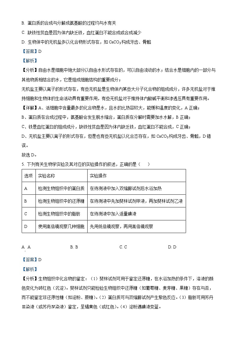 2023晋城部分学校高一上学期期中生物试题含解析03