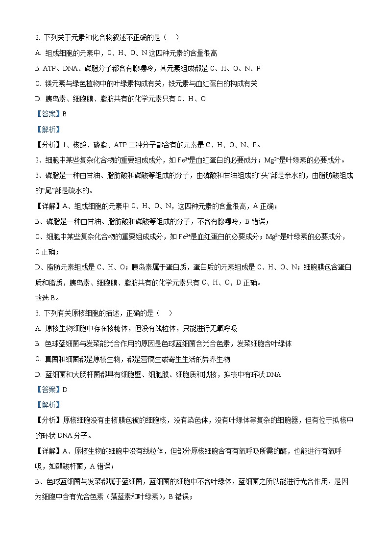 四川省遂宁市射洪中学2022-2023学年高一生物上学期(强基班)11月期中试题(Word版附解析)02