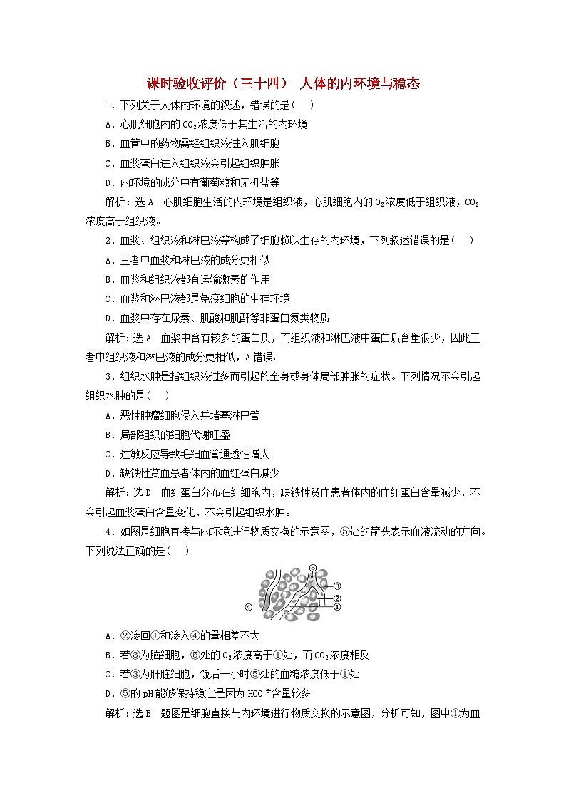 2024届高考生物一轮总复习课时验收评价三十四人体的内环境与稳态第1页
