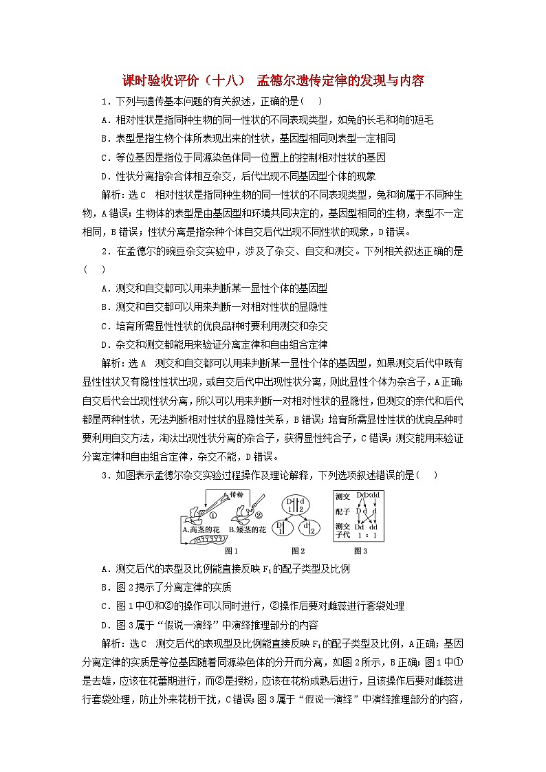 2024届高考生物一轮总复习课时验收评价十八孟德尔遗传定律的发现与内容第1页