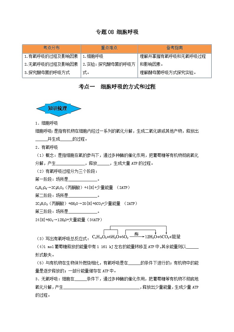 专题08 细胞呼吸(串讲)-备战2024年高考生物一轮复习串讲精练(新高考专用)(原卷版)第1页