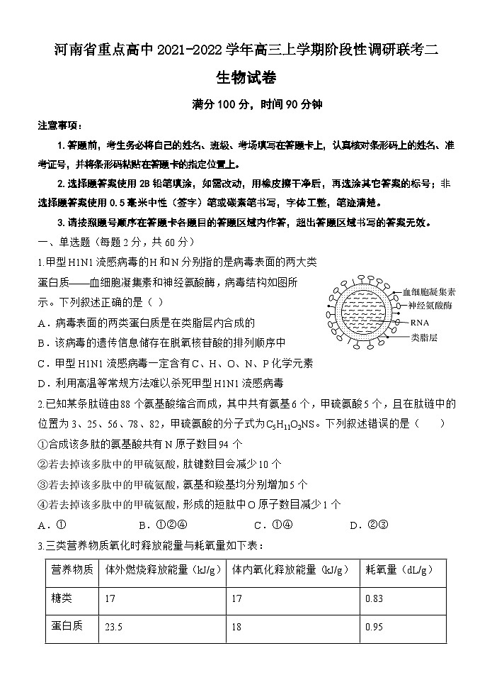 河南省重点高中2021-2022学年高三上学期阶段性调研联考二生物试题(Word版含答案)第1页