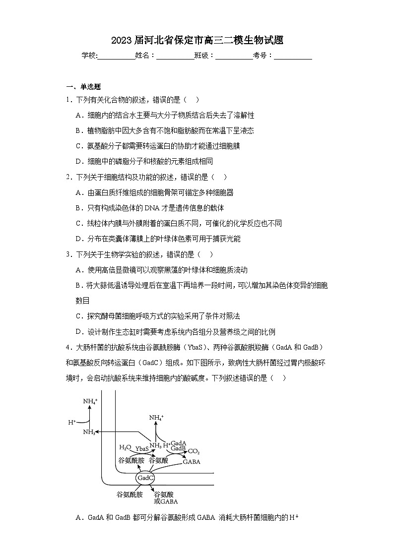 2023届河北省保定市高三二模生物试题(含解析)第1页
