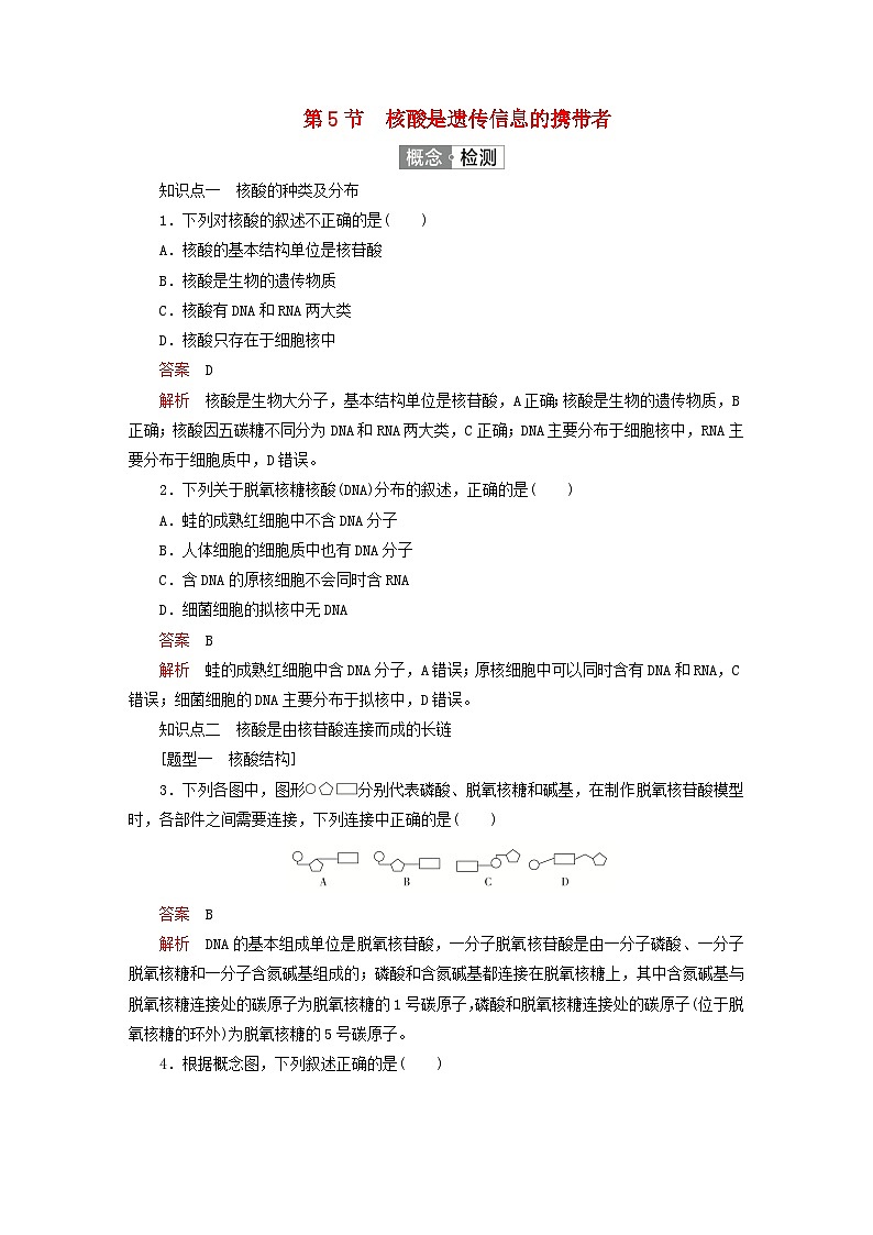 2023新教材高中生物第2章组成细胞的分子第5节核酸是遗传信息的携带者对点训练新人教版必修1第1页