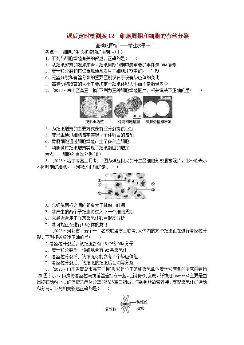 2024版新教材高考生物全程一轮总复习课后定时检测案12细胞周期和细胞的有丝分裂第1页