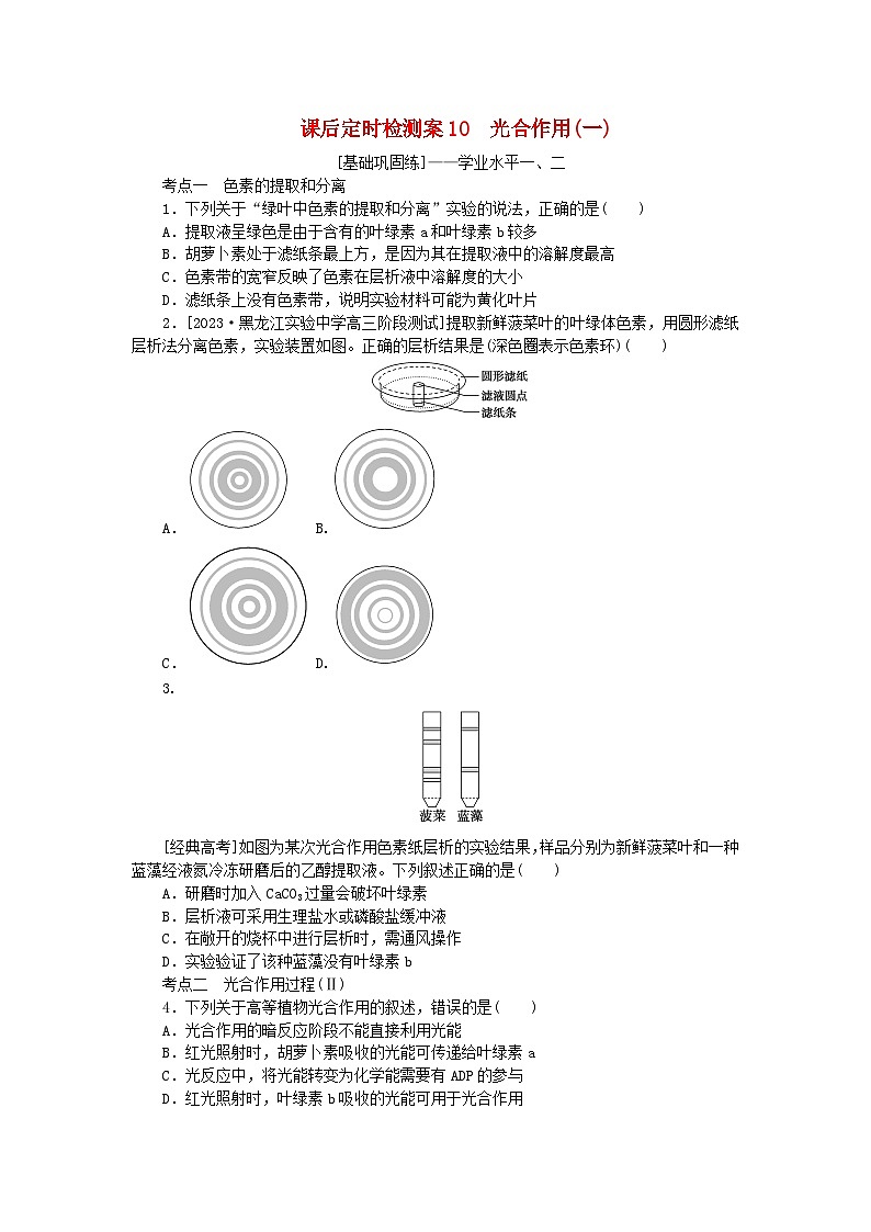 2024版新教材高考生物全程一轮总复习课后定时检测案10光合作用一01