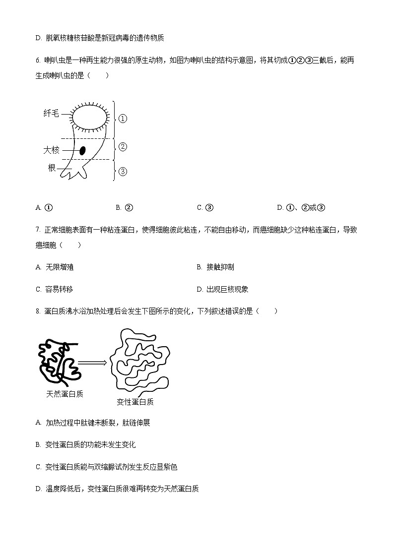 2022-2023学年浙江省湖州市高一上学期期末生物试题含答案02