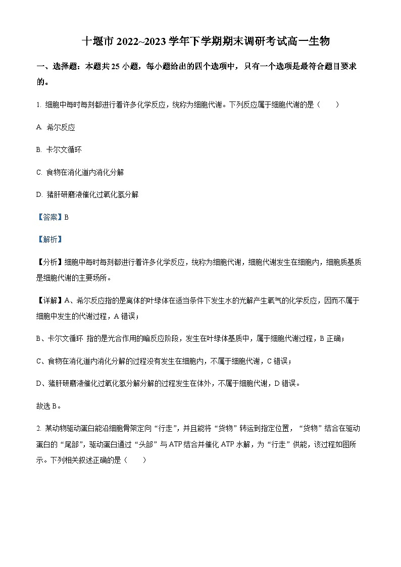 2022-2023学年湖北十堰市高一下学期期末调研考试生物试题含答案第1页