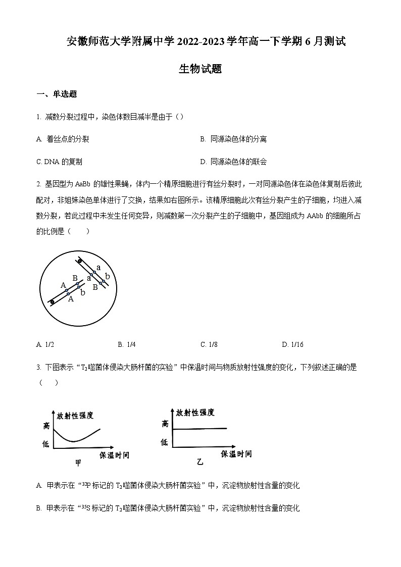 安徽师范大学附中2022-2023学年高一6月测试生物试题 Word版无答案第1页
