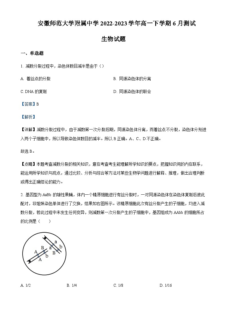 安徽师范大学附中2022-2023学年高一6月测试生物试题 Word版含解析第1页