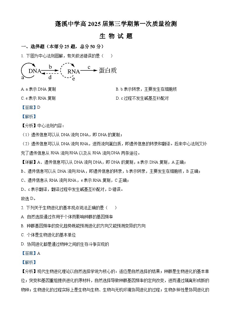 四川省遂宁市蓬溪中学2023-2024学年高二生物上学期第一次质量检测试题(Word版附解析)第1页