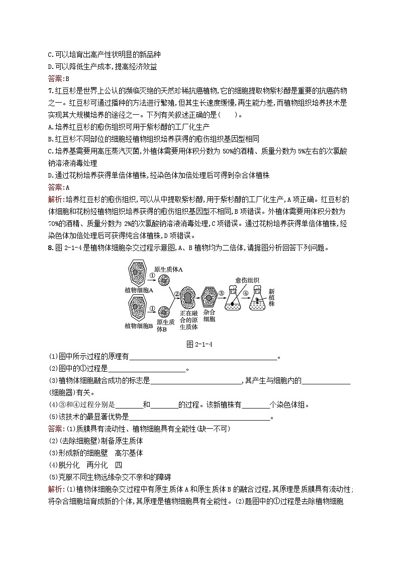 新教材适用2023年高中生物第2章细胞工程第一节植物细胞工程课后习题北师大版选择性必修303